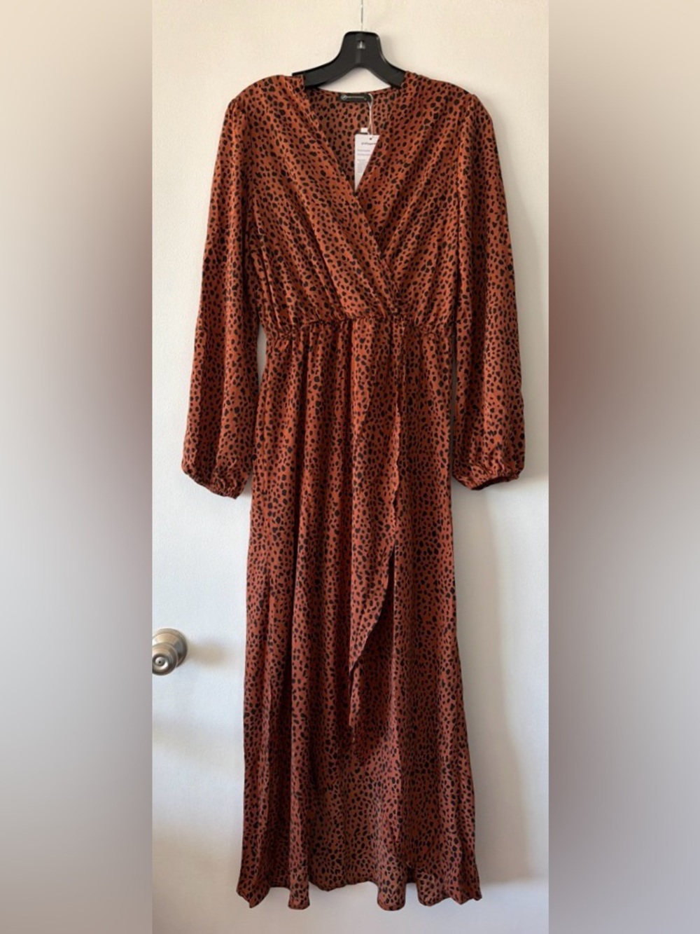 NWT PRETTYGARDEN Rust Leopard Print Faux Wrap Long Sleeve Maxi Dress Size Small